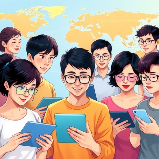 多人使用不同裝置同步操作 Telegram 中文介面的插畫