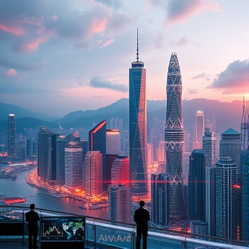 2025年香港天際線融合金融科技元素,象徵金融服務的創新與速度