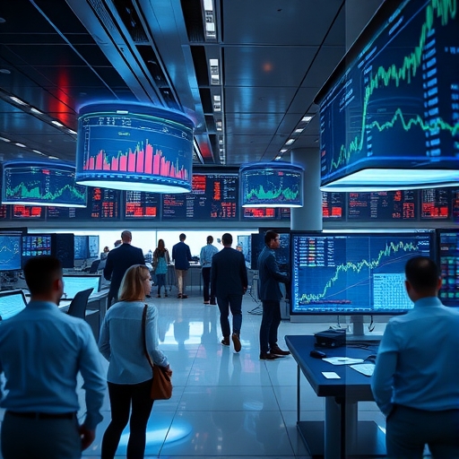 高科技金融交易場景:交易員監控多屏指數走勢與數據分析