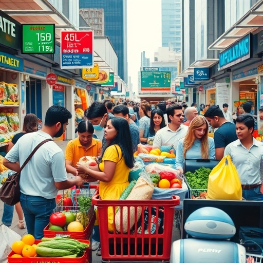 多樣化市集購物場景插畫,象徵CPI籃子內容