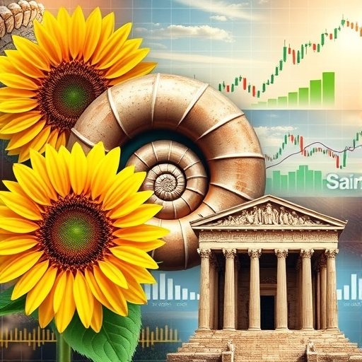 一幅色彩繽紛的馬賽克圖像,象徵斐波那契數列與黃金比例在自然與人文間的深層連結