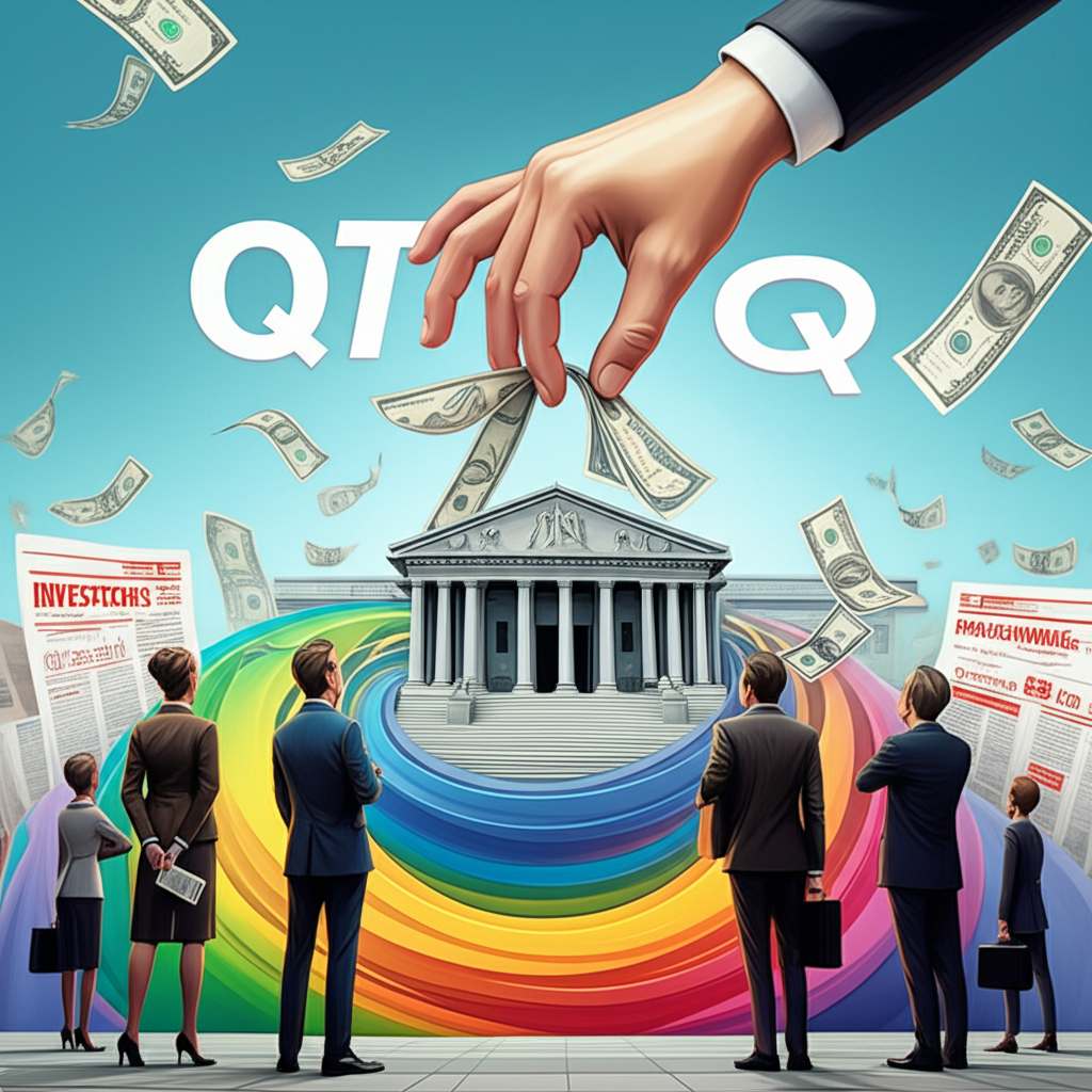 中央銀行從全球經濟中抽離資金的示意圖，標註為QT，投資者在一旁觀望