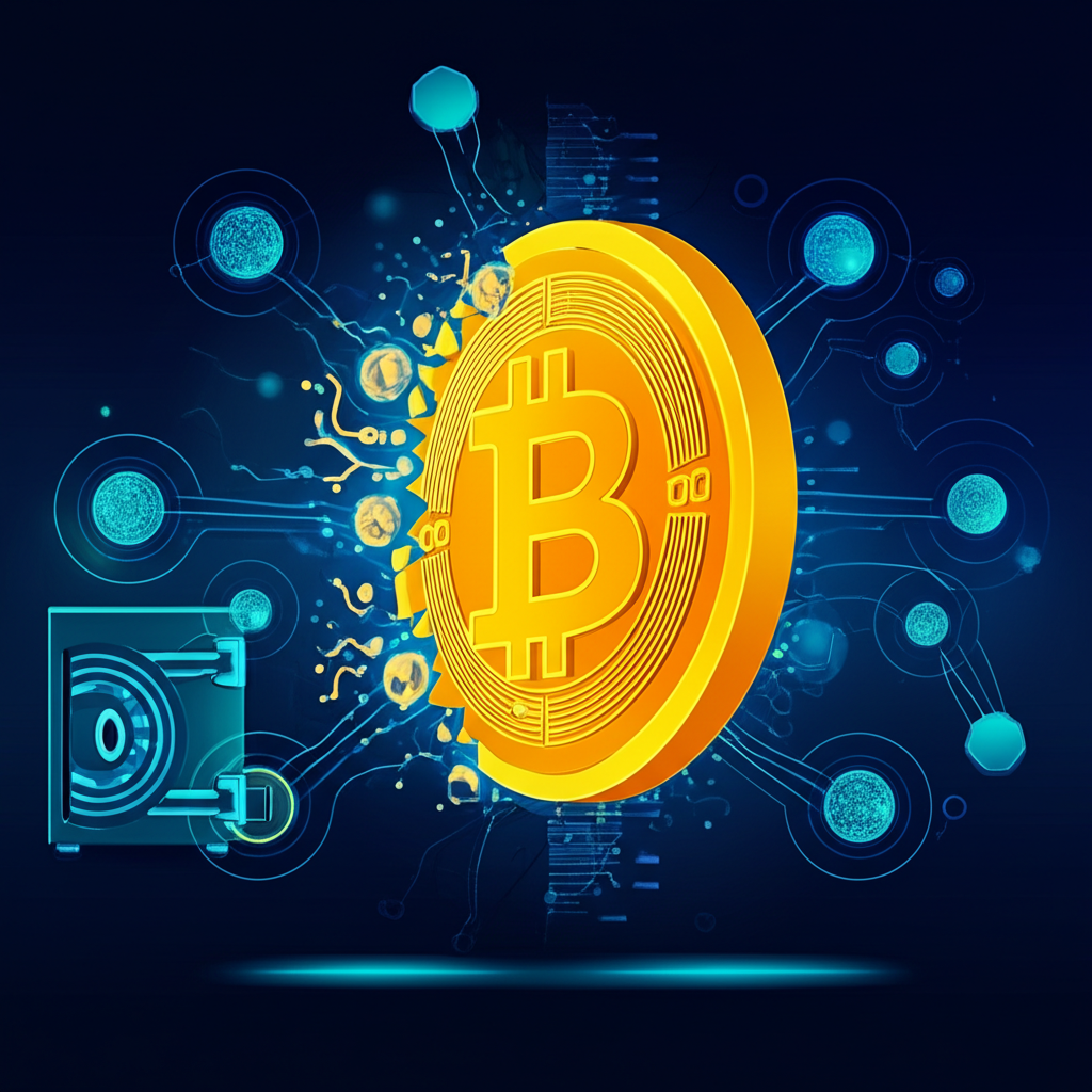 插畫風格：一枚實體金幣逐漸轉化為數位比特幣，周圍環繞區塊鏈元素、去中心化網絡節點與數位保險庫，象徵其數位黃金價值與核心特性
