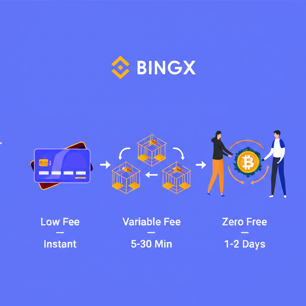 BingX 各種入金方式比較圖：信用卡、區塊鏈轉帳與點對點交易，標示手續費與時間