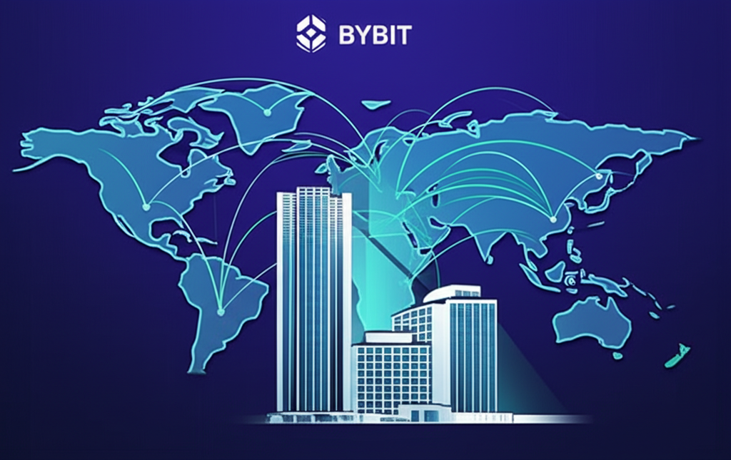 Bybit杜拜總部與全球用戶連結示意圖，展現其國際化布局與高效能交易平台