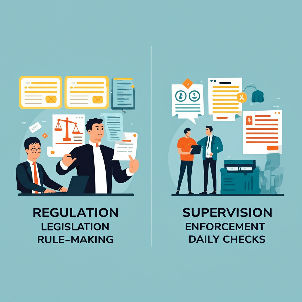 金融情境下區分Regulation（立法、制定規則）與Supervision（執行、日常檢查）的說明性插畫，包含立法者起草法規與檢查員審視銀行的視覺元素