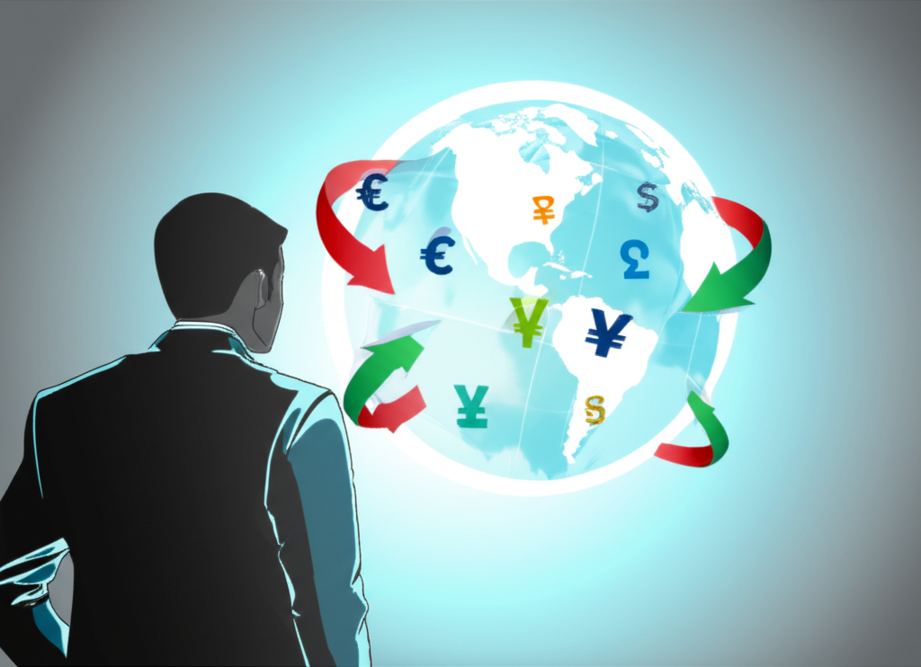 全球金融市場中的外匯交易，象徵機會與挑戰的插圖
