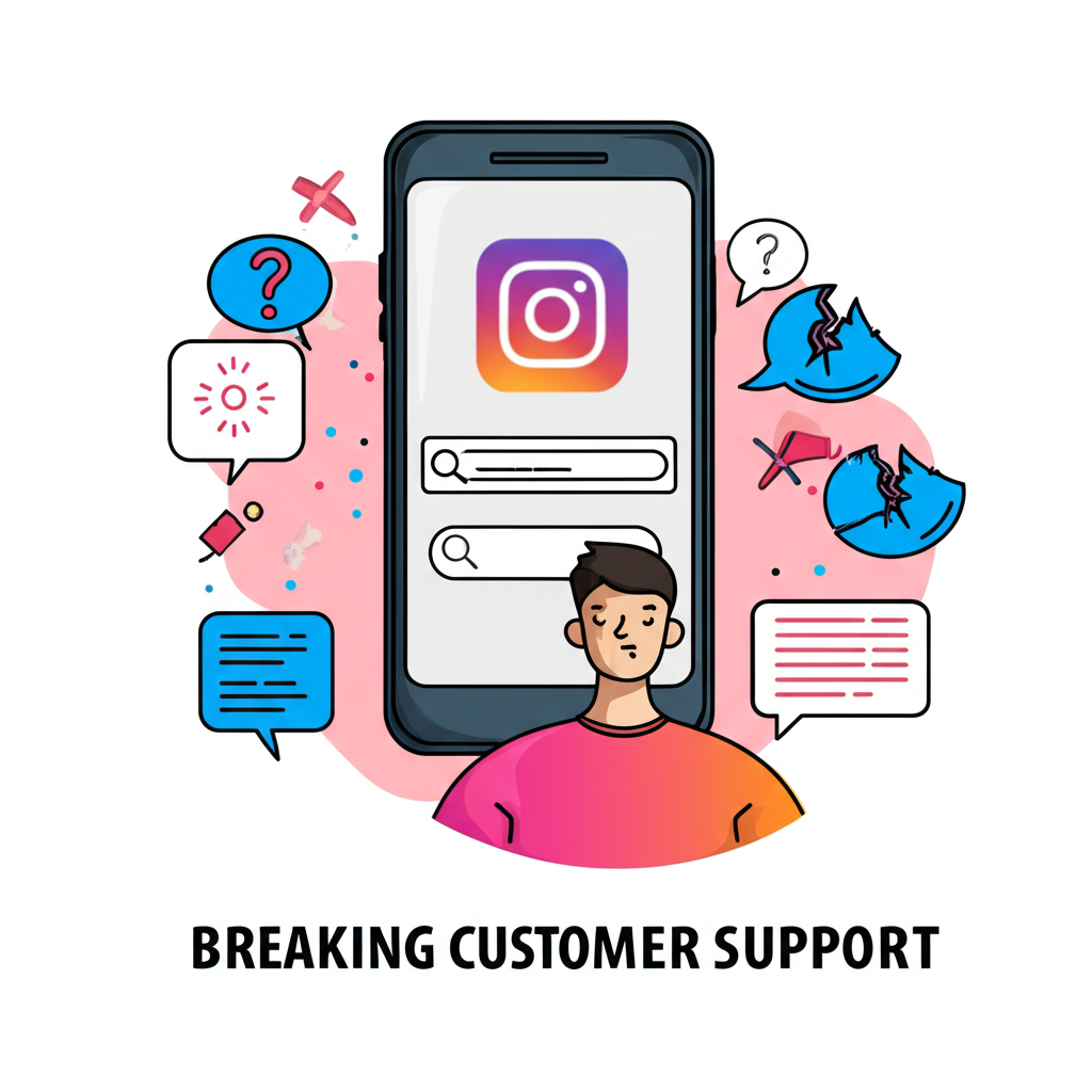 插圖：一名用戶困惑地盯著手機螢幕上的 Instagram 標誌，試圖尋找客服協助，卻發現沒有直接的人工支援管道，打破常見迷思