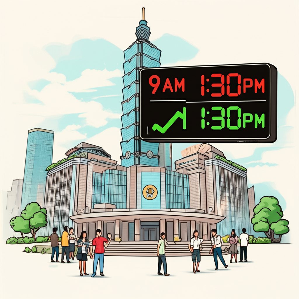 台灣證交所大樓與顯示交易時間的數位時鐘，小額投資人參與盤中與盤後零股交易