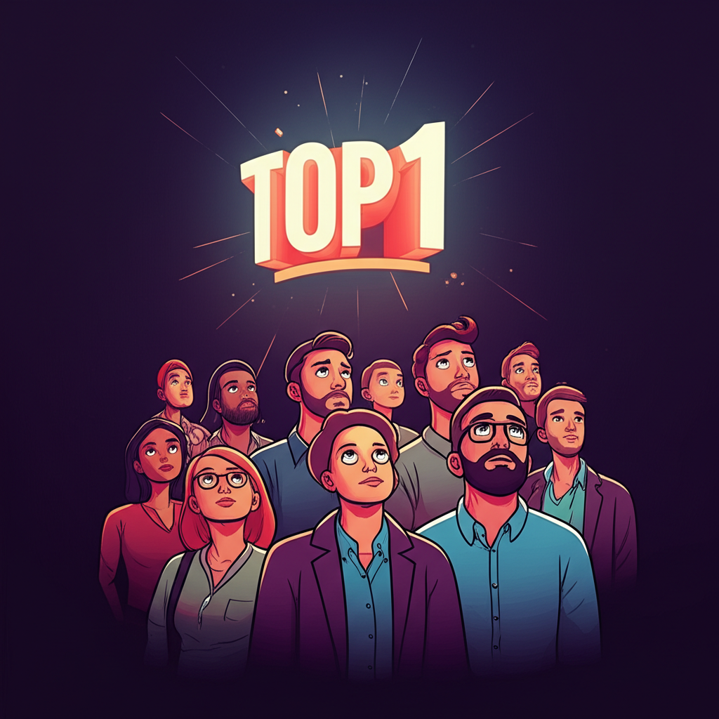不同領域的人們仰望發光的Top1標誌,象徵其普遍存在與多重意義