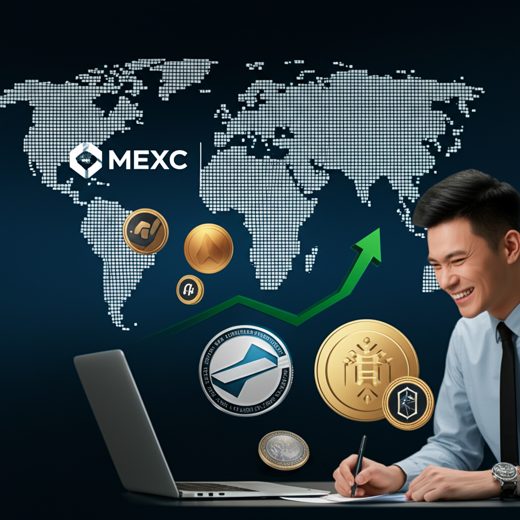 MEXC交易所標誌搭配全球地圖背景，周圍浮現多元加密資產，象徵快速成長的數位市場，用戶正在以低手續費進行交易