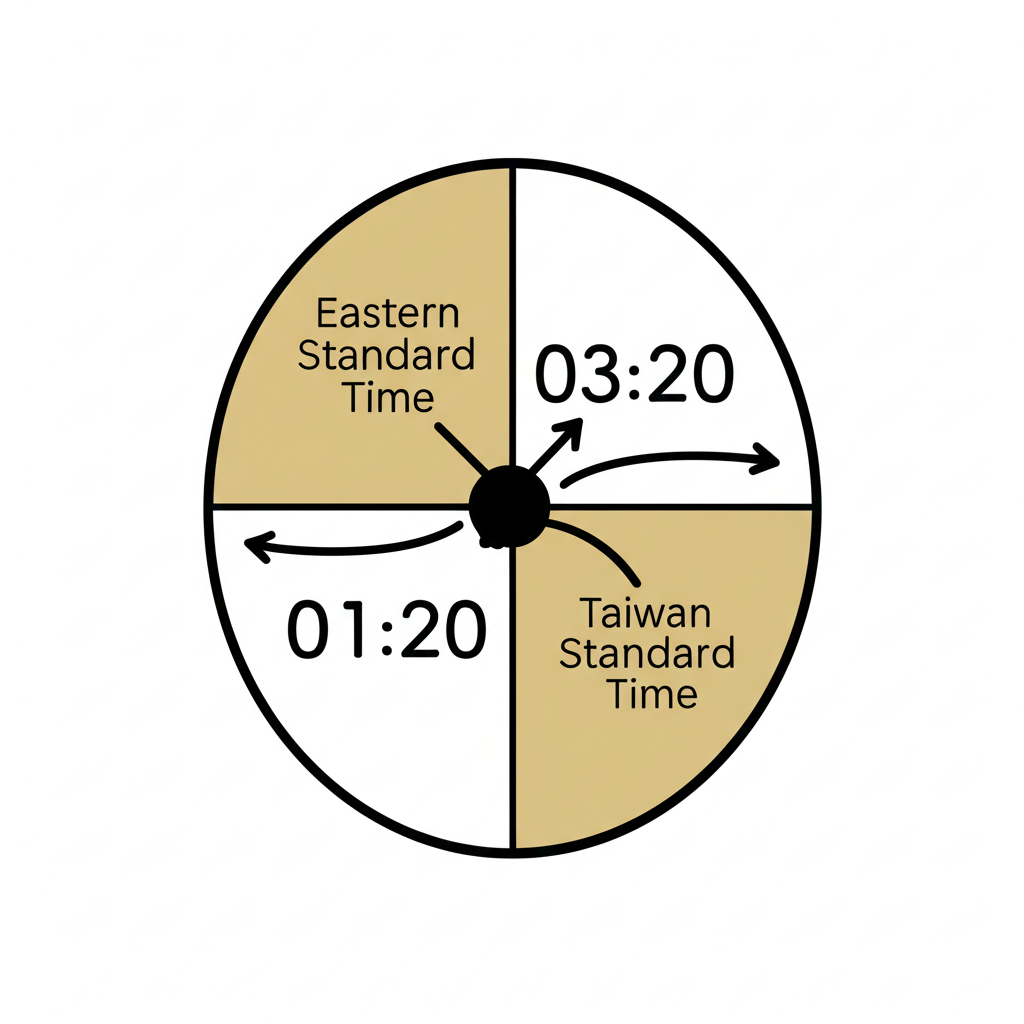 時鐘顯示美東時間與台灣時間，箭頭標示夏令時間調整，直觀呈現美股交易時段轉換的核心概念