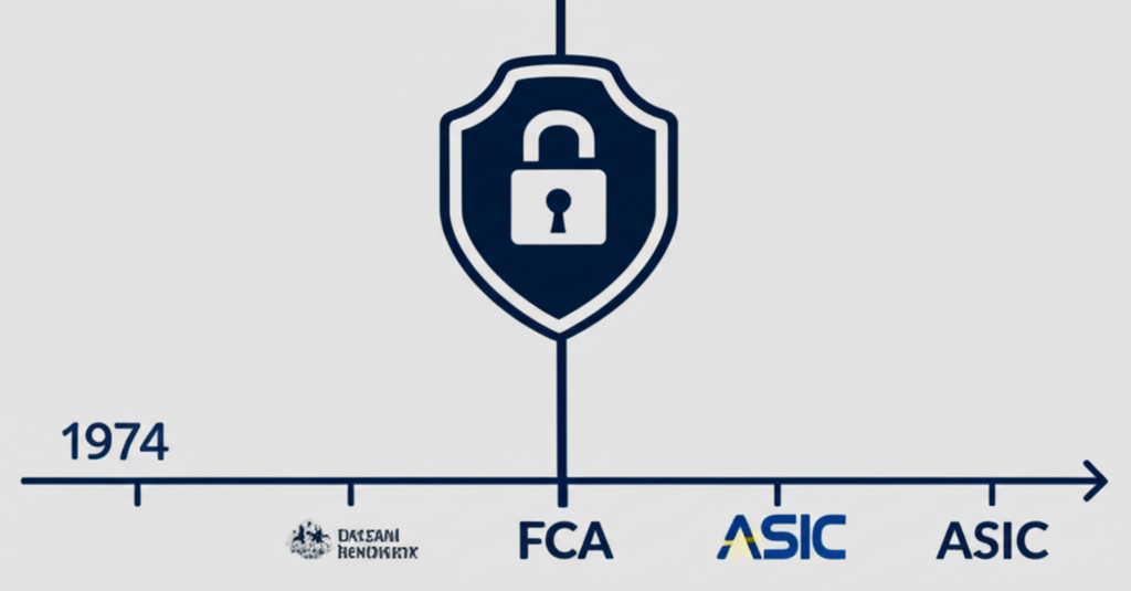 代表IG Market信譽與監管的插畫，包含1974年創立時間與FCA、ASIC等標章