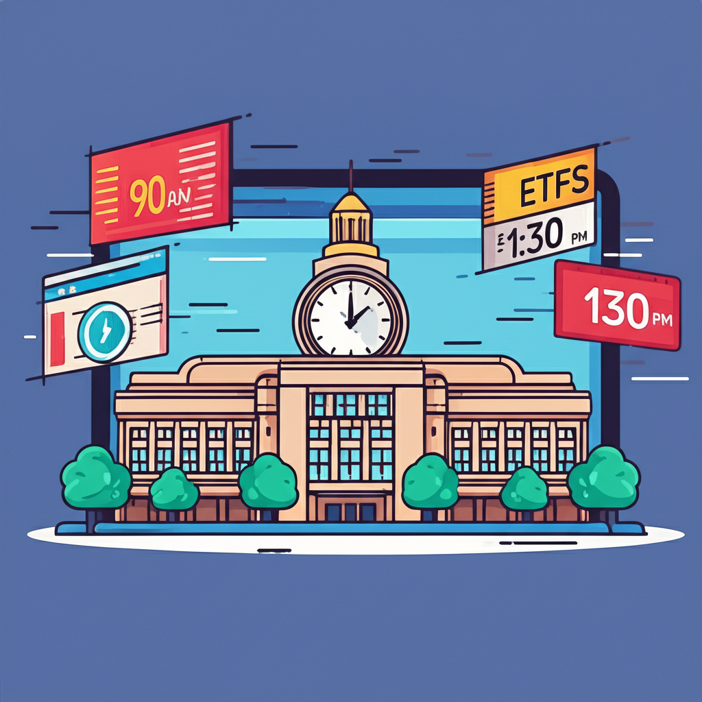 台灣證交所大樓與顯示交易時間的時鐘，搭配股票、ETF、權證的數位化交易畫面