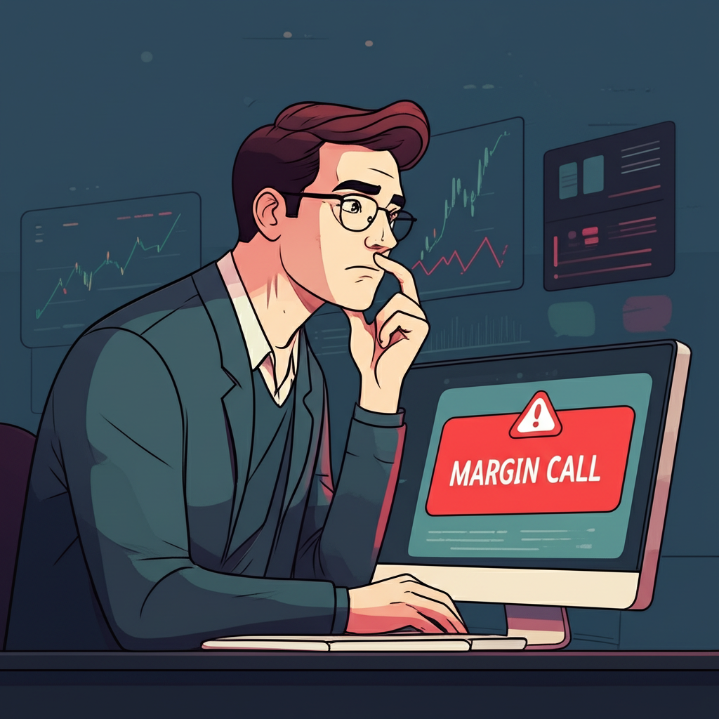 投資人收到交易平台上顯示『Margin Call』的紅色警報通知，表情焦慮，背景為金融市場場景
