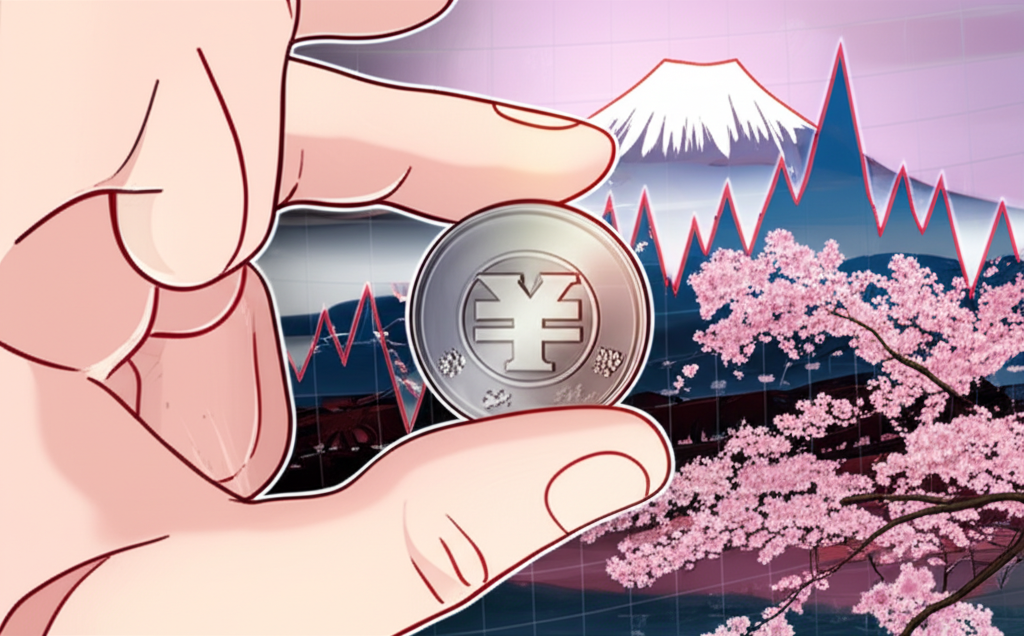 決策者手持日圓硬幣，背景為波動的金融圖表與寧靜的日本風景，象徵在動態市場中做出明智選擇