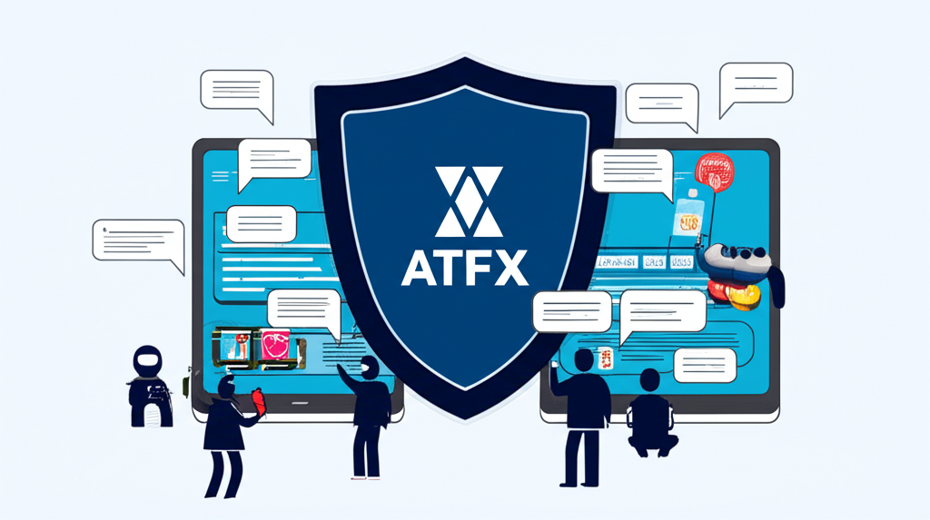 ATFX正規平台與假冒詐騙集團對比圖：盾牌象徵正規金融機構，陰影中的詐騙者偽造網站與APP，社群平台用戶討論紛紛