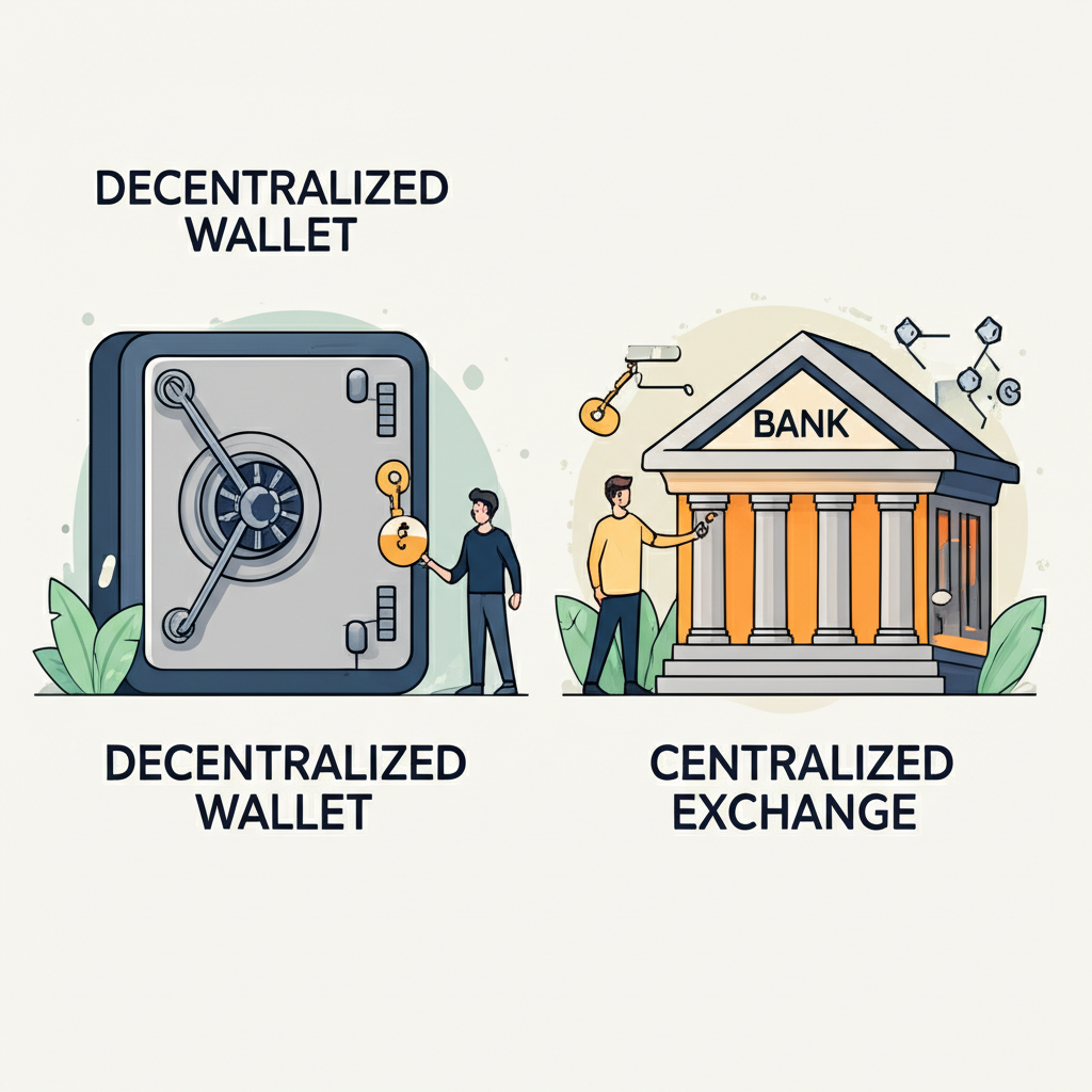 插畫對比去中心化錢包與中心化錢包：使用者手持金鑰打開保險箱，對比將金鑰交給銀行，呈現出加密金鑰與區塊鏈互動的差異，風格簡潔現代