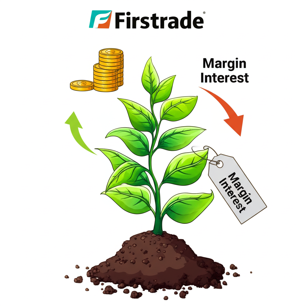 Firstrade帳戶中兩種資金流動示意圖：閒置現金產生利息如植物生長，融資則伴隨成本標籤