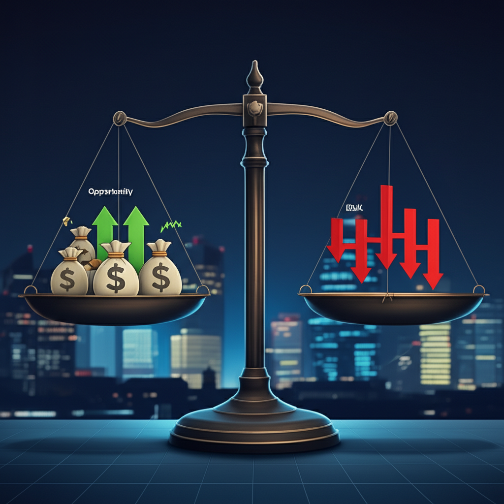 天平一側為機會（錢袋、上升箭頭），另一側為風險（下降箭頭、波動符號），象徵週末交易的雙面性