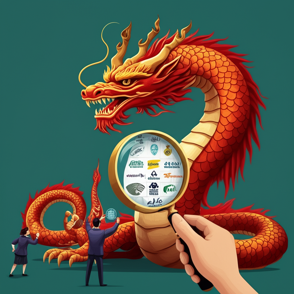 代表中國 A 股市場的巨龍，鱗片上標示 50 家龍頭企業標誌，國際投資者透過放大鏡觀察，象徵富時中國 A50 指數作為全球資金窺探中國市場的窗口