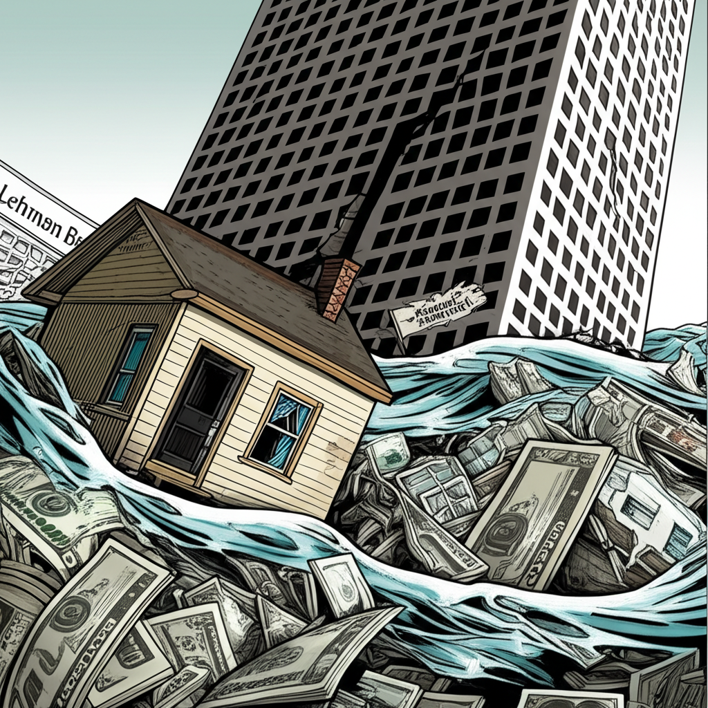 2008年金融海嘯示意圖，房屋沉入MBS與CDO構成的金融深海，背景為雷曼兄弟大樓倒塌，象徵危機起源