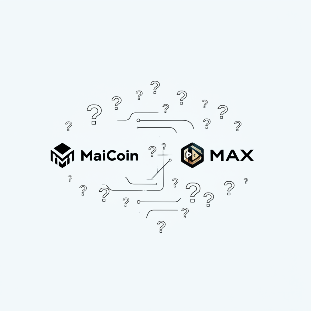 插圖展示 MaiCoin 與 MAX 兩個加密貨幣平台，周圍有問號，象徵新手在加密市場中的困惑