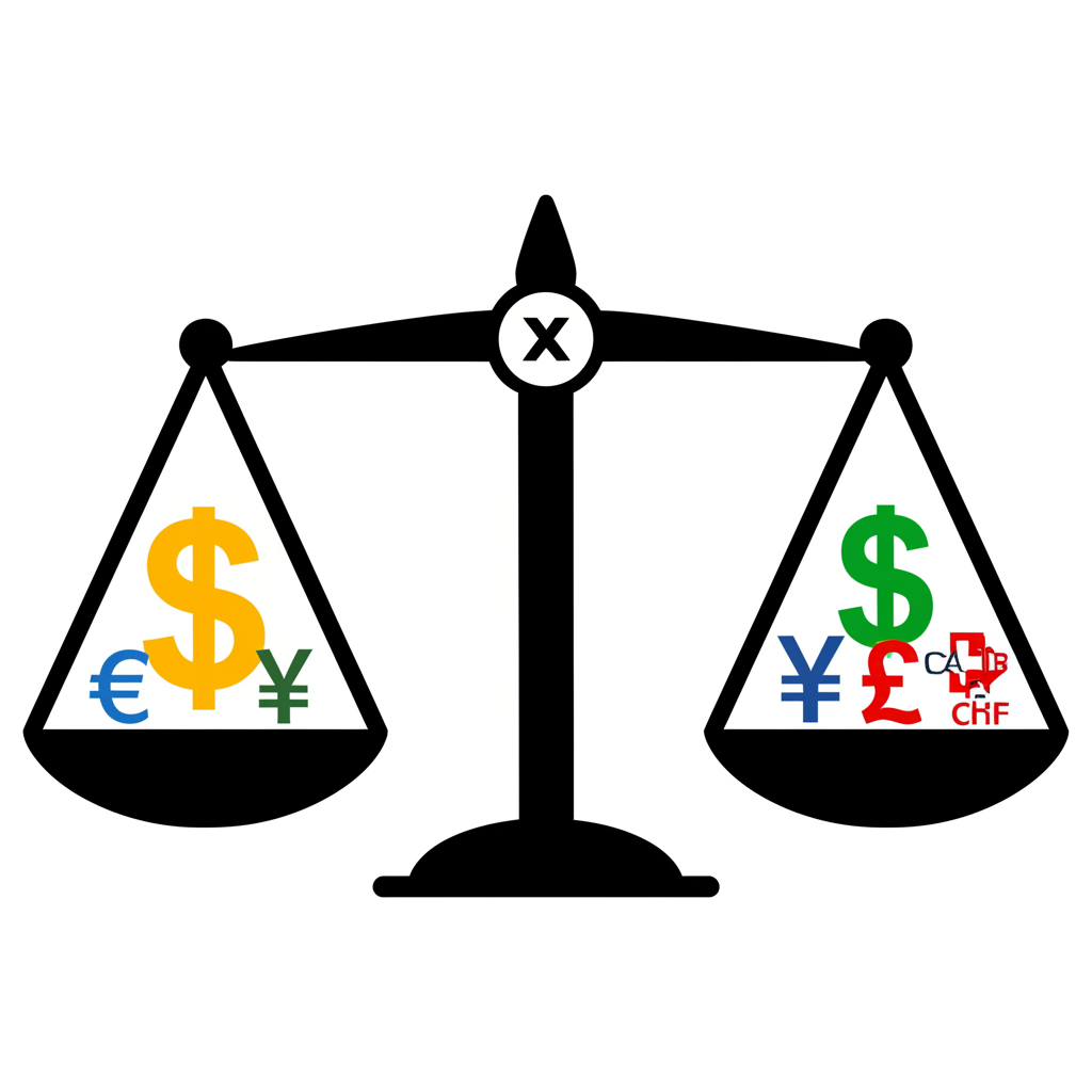 美元指數DXY以天平呈現，六種主要貨幣對比美元，顯示其相對強弱關係