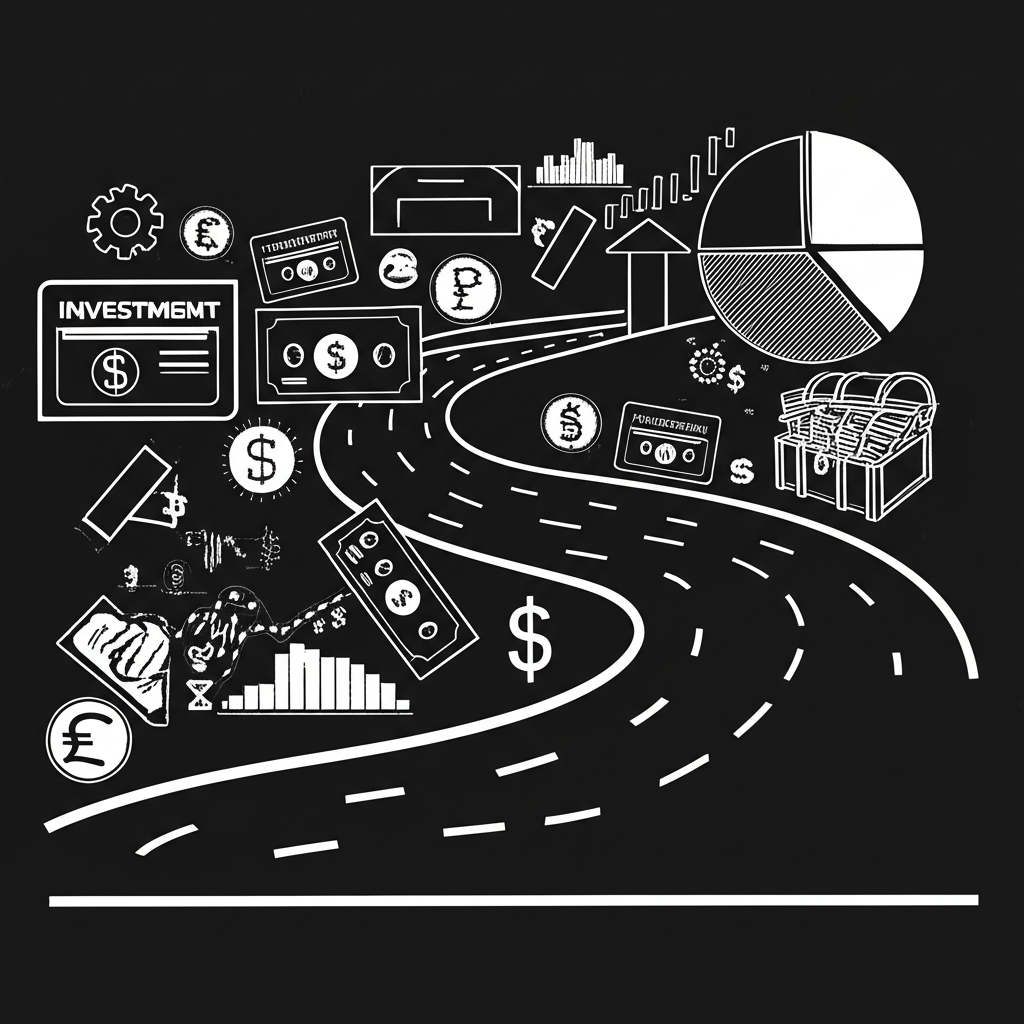 插畫：一條通往成功投資組合的財務路線圖，標示著股票、債券與曲線等金融符號