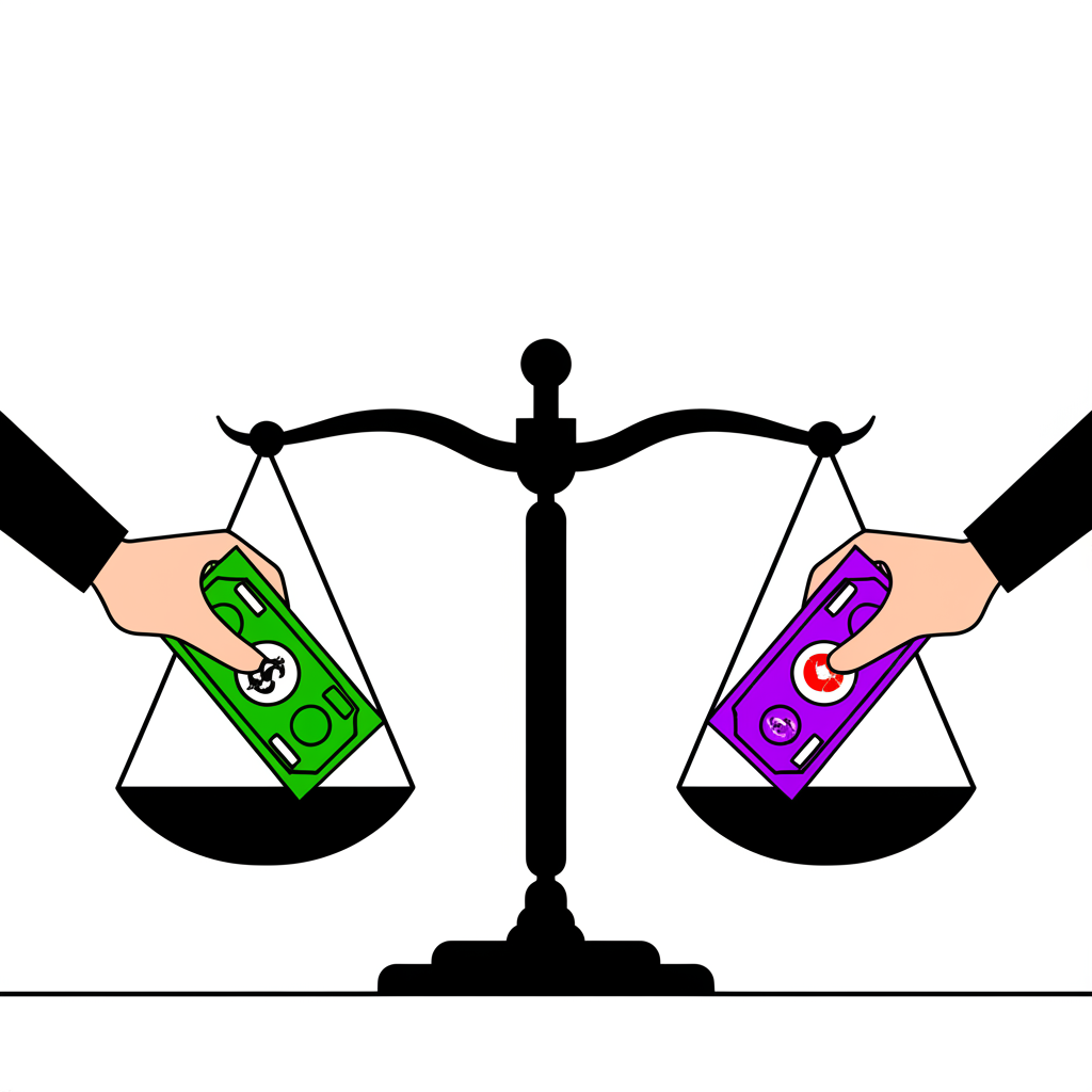雙手在天平上交換美元與台幣紙鈔，象徵匯率作為兩種貨幣的交換比率，反映市場供需與浮動價值