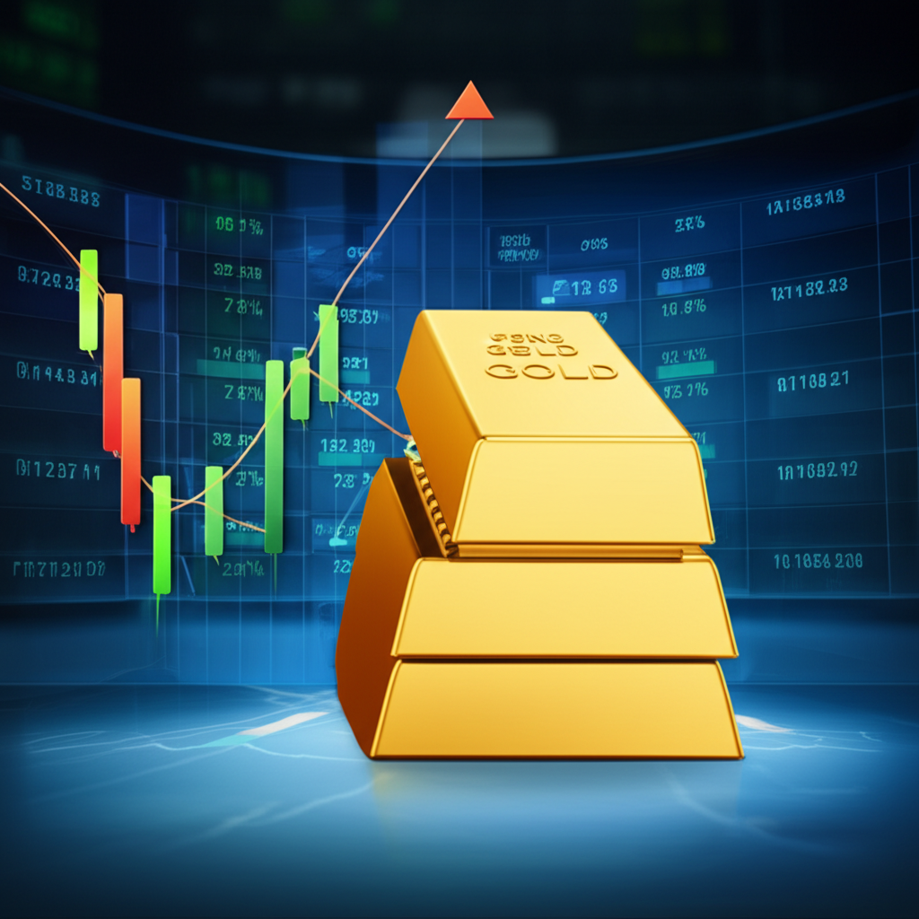 交易所場景中，金條轉化為數位走勢圖，象徵黃金ETF如何讓投資人像買賣股票般輕鬆交易黃金
