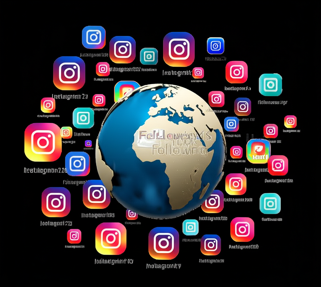 全球Instagram影響力示意圖:地球周圍環繞著IG標誌與追蹤人數,象徵社群媒體的連結性