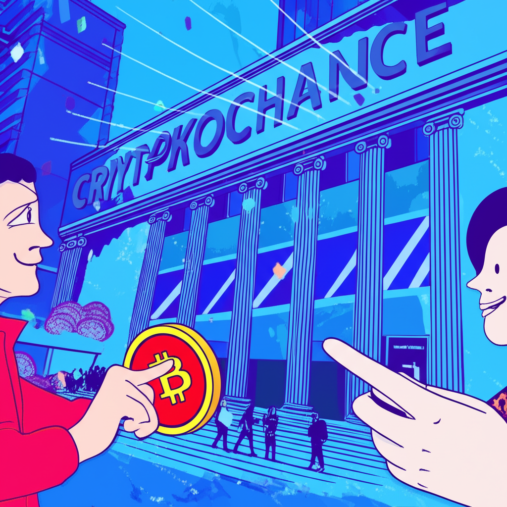 兩人私下交換數位資產，避開背景中繁忙的加密貨幣交易所建築，強調直接、場外交易的安全與隱私感