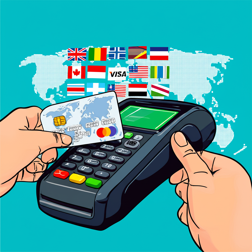插圖:一個人在全球市集使用加密支付卡,背景有各國國旗與Visa、Mastercard標誌,象徵無國界支付與資金靈活性提升