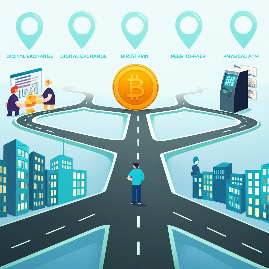 不同購買比特幣途徑的選擇示意圖：交易所、P2P、ATM