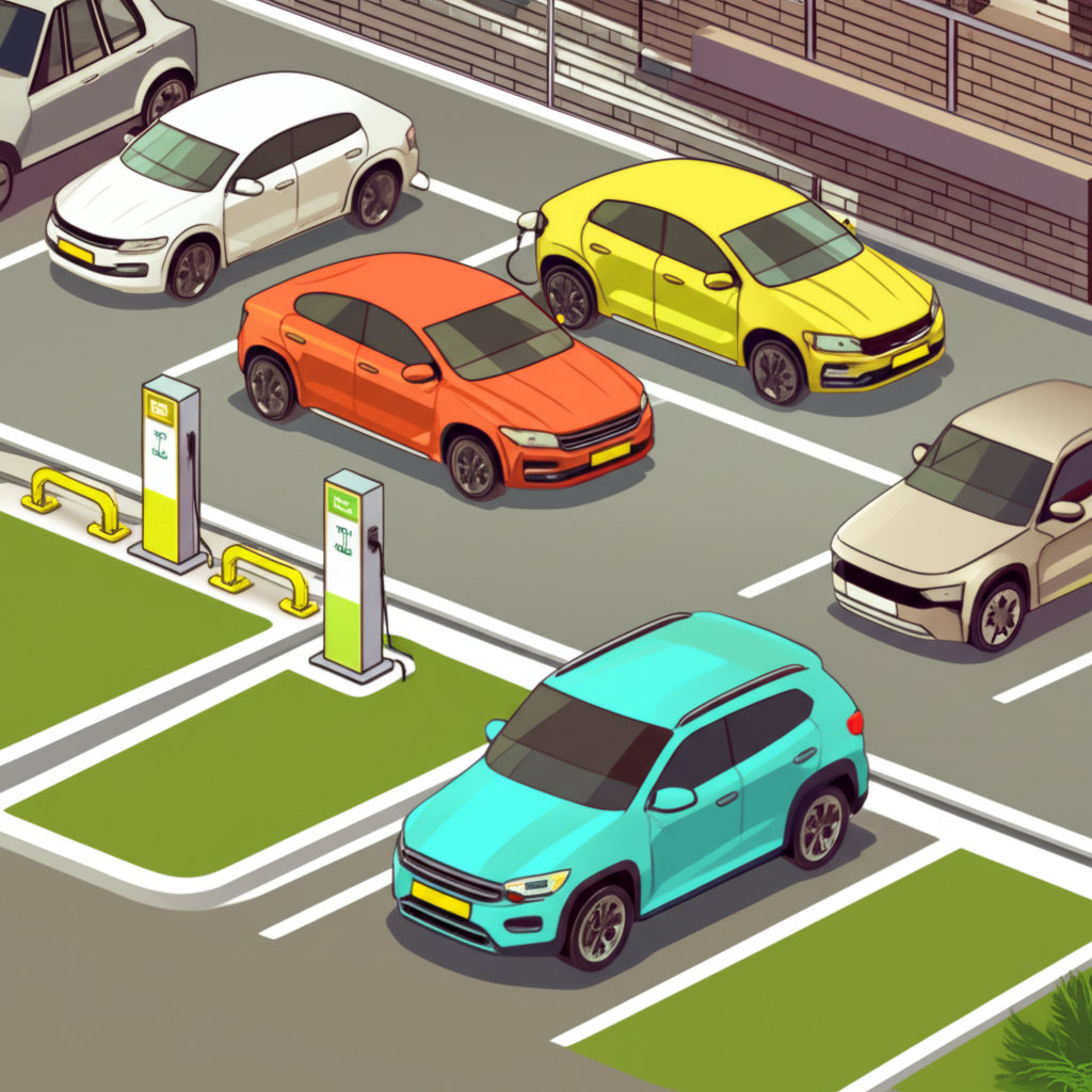 社區停車場中多輛電動車使用快充與慢充站的插圖