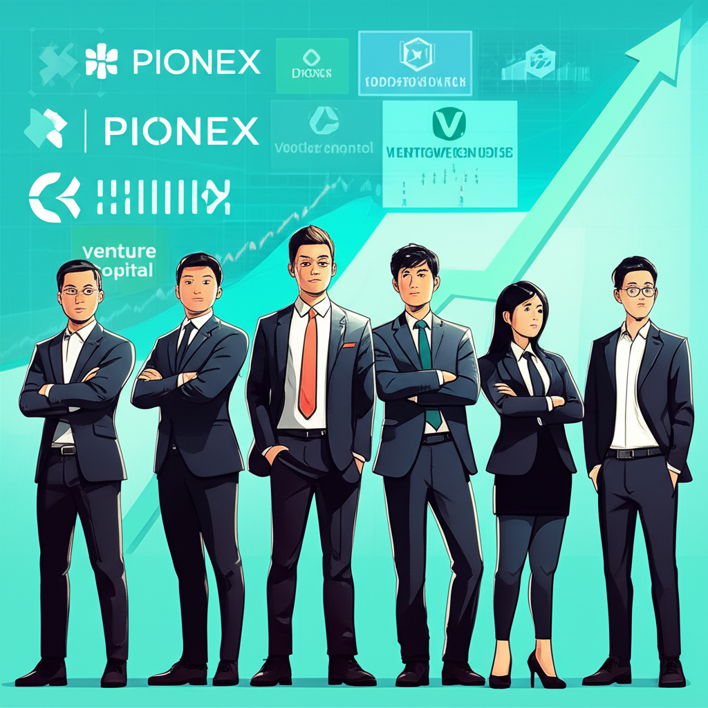 動感團隊自信站立於上升趨勢的金融圖表與風投標誌前,描繪Pionex的強大背景與投資支撐