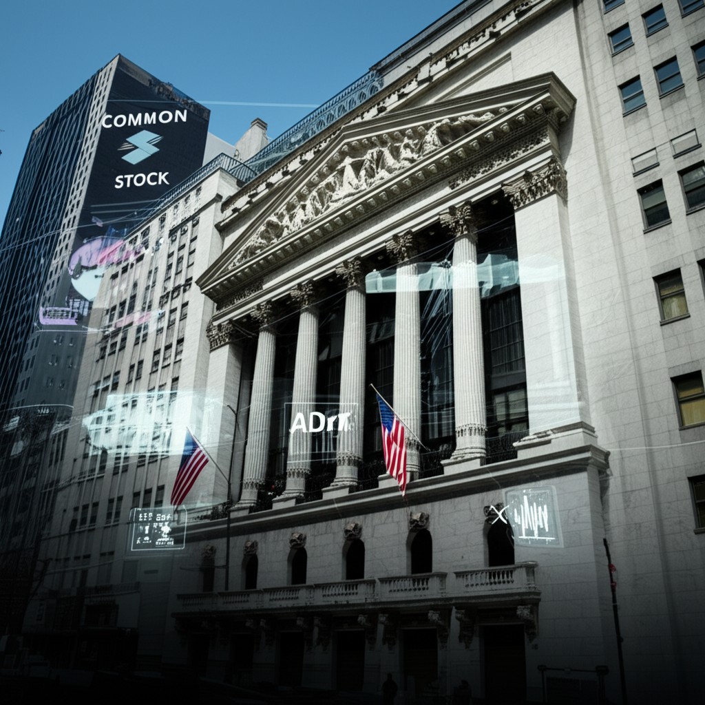 紐約證券交易所建築圖示,疊加多元公司標誌與股票證書,象徵NYSE Composite指數自1966年推出以來涵蓋普通股、ADR與REITs的廣泛範圍及美國產業轉變