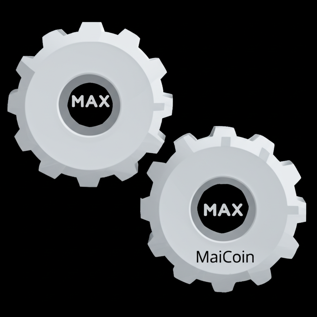 兩個互聯齒輪插圖,標示MAX和MaiCoin,代表它們在MaiCoin集團生態中的協同關係,共享資源並提供全面虛擬資產服務