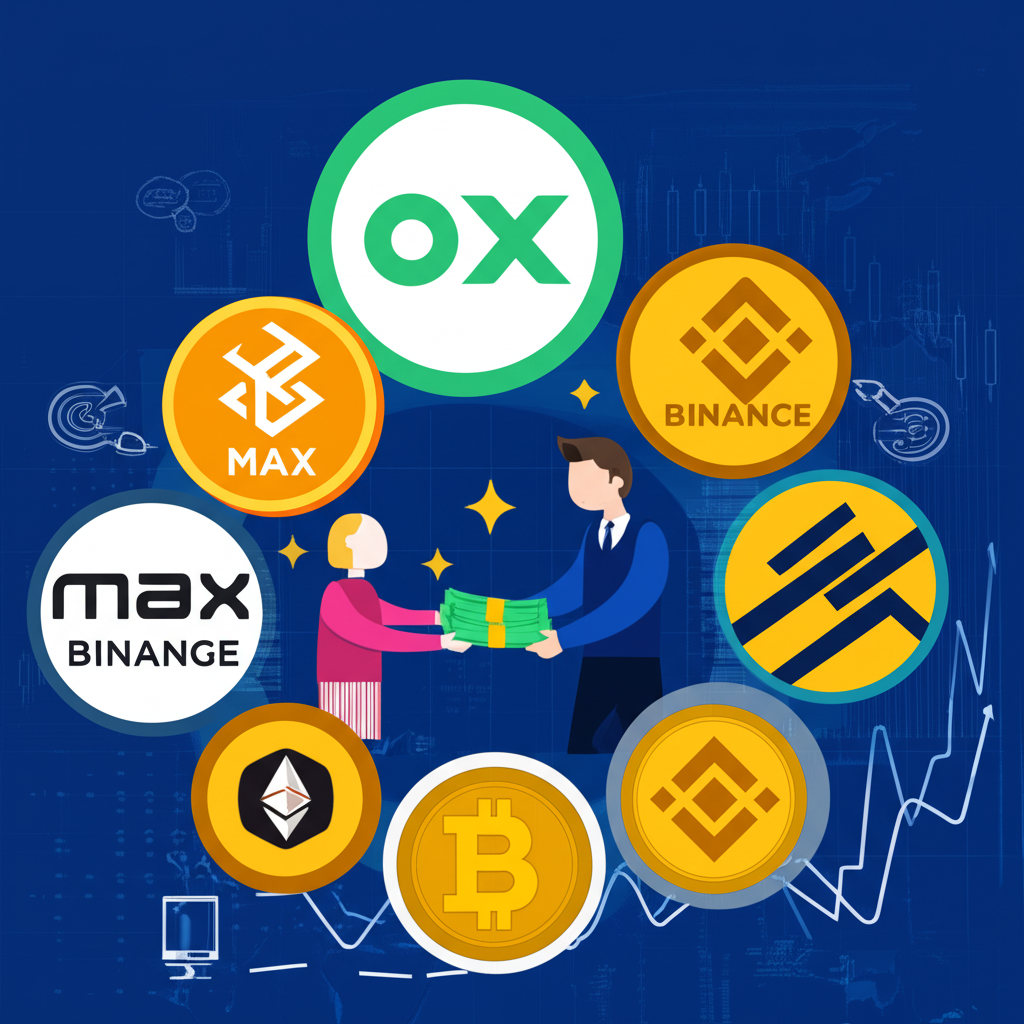各種加密交易所標誌如MAX、幣安、OKX環繞中央人物,將數位貨幣兌換成現金,背景有圖表和數據
