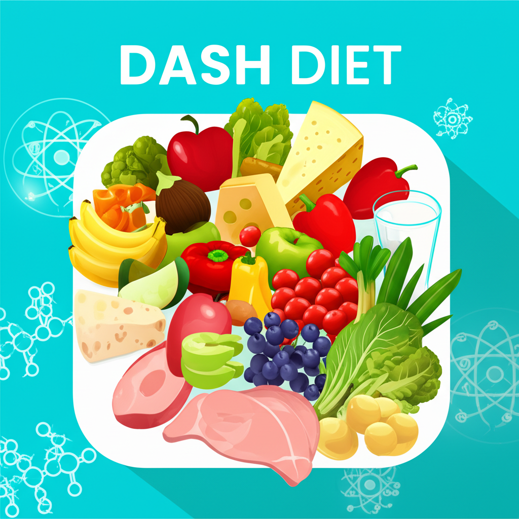 DASH飲食原則的均衡盤子,包含豐富蔬果、全穀、低脂乳品和瘦蛋白,背景有科學研究符號