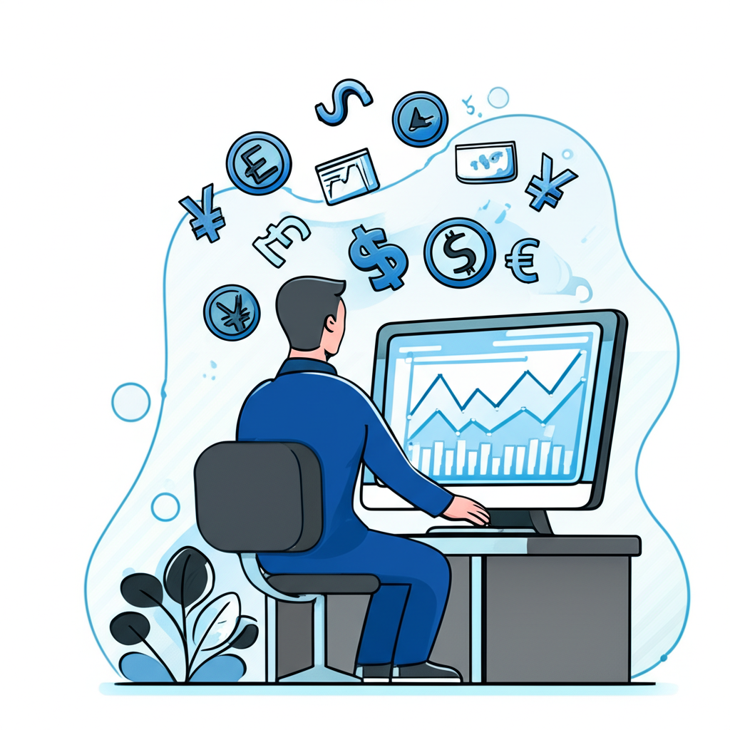 插圖:一人坐在電腦前,螢幕顯示貨幣符號,代表元大證券的外匯保證金服務,透過槓桿以小資金參與匯率波動獲利