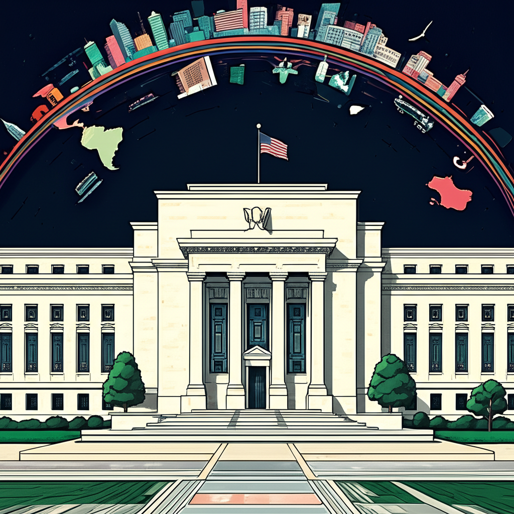聯邦準備理事會建築與全球金融市場的互聯圖示，顯示其對國際貿易和貨幣價值的中心影響