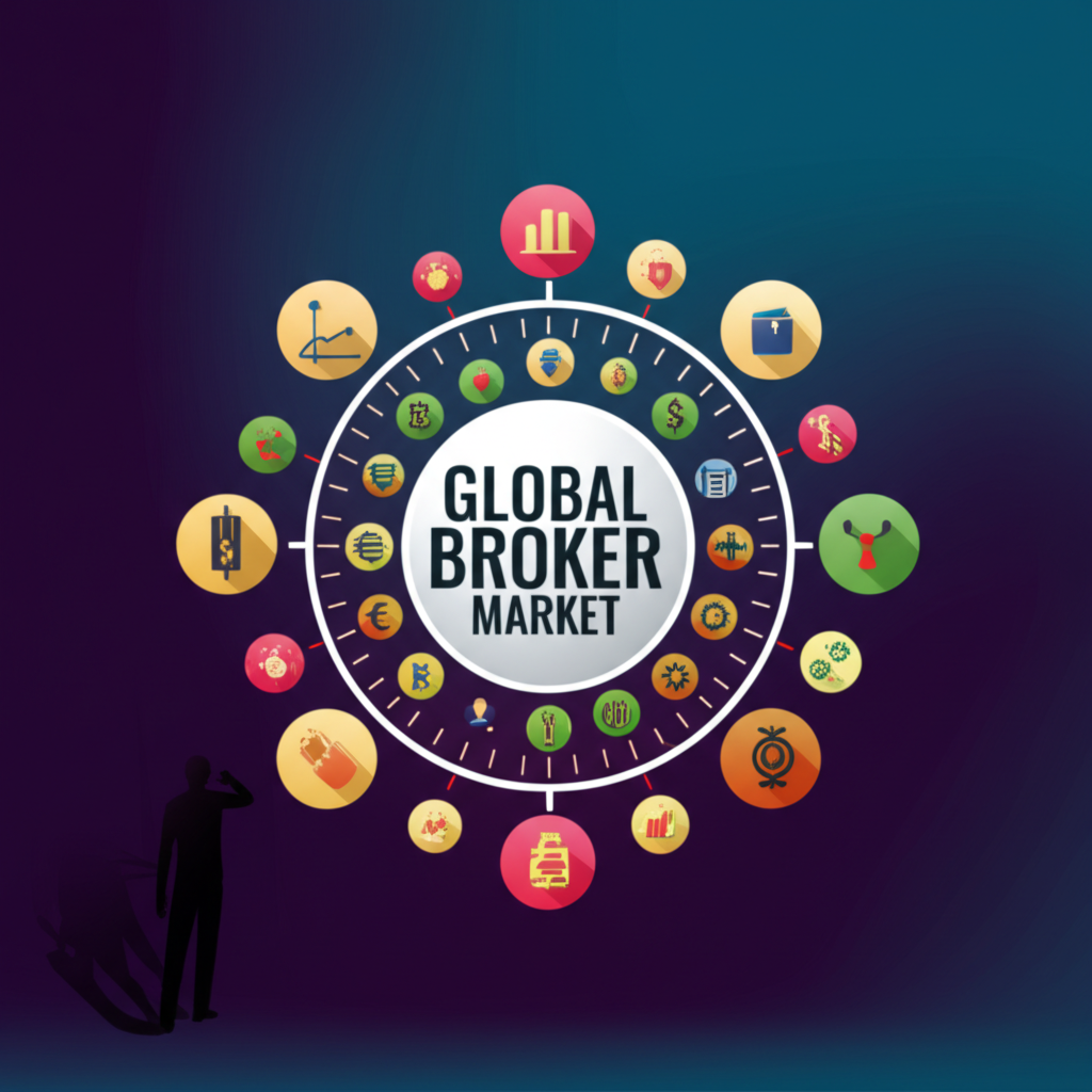 全球金融市場中,正規經紀商居於中心,周圍環繞多元交易商品,暗處有假冒者試圖模仿
