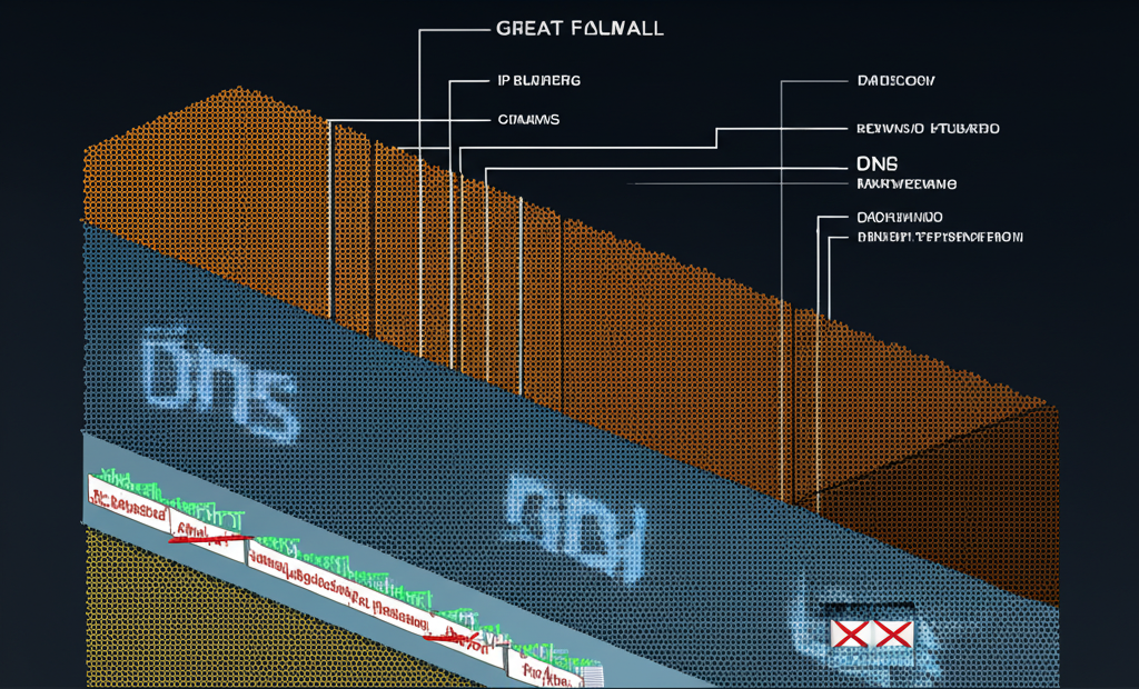 中國長城防火牆的插圖,呈現複雜的數位屏障,包含IP封鎖、DNS污染、關鍵字過濾和深度包檢測等層級,技術性且詳細風格