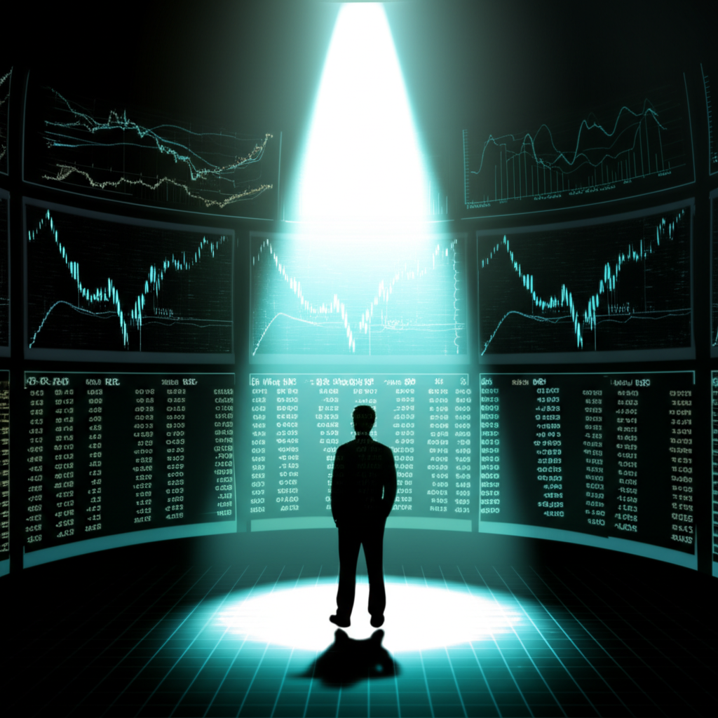 金融市場中自營商的神秘角色，環繞著股價圖表與數據的專業交易氛圍