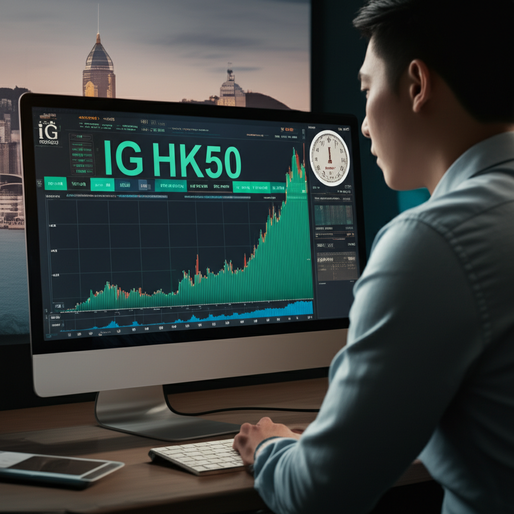 投資者觀察 IG HK50 數位圖表,顯示延長交易時段與香港城市景觀