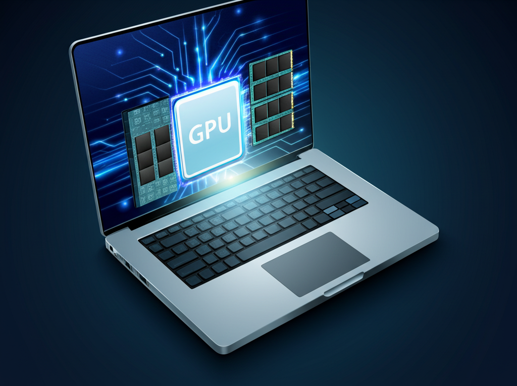 高效能筆記本內部硬體組件切面圖，展示CPU、GPU、RAM和SSD