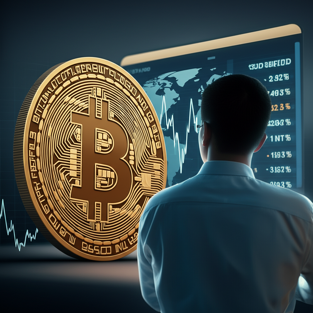 比特幣價格即時變動示意圖,背景為波動的走勢圖與全球金融數據