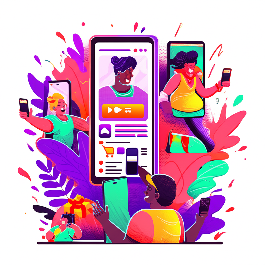 TikTok 和 Instagram Reels 等短影音內容的動態插圖，展示人們互動與購物